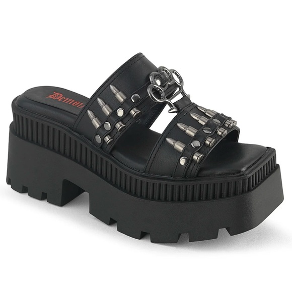 Demonia Shoes - Demonia Black Studded Platform Slides